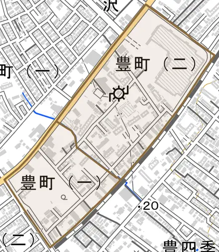 豊町とその周辺の地図。町の範囲を重ねている