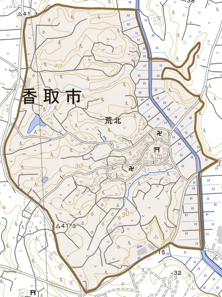 荒北とその周辺の地図。町の範囲を重ねている