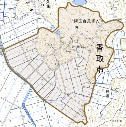 阿玉台とその周辺の地図。町の範囲を重ねている