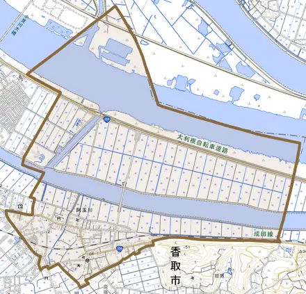 阿玉川とその周辺の地図。町の範囲を重ねている