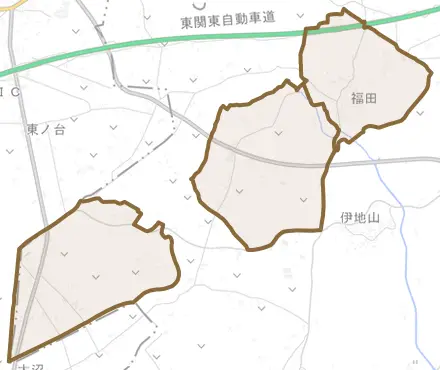 福田とその周辺の地図。町の範囲を重ねている