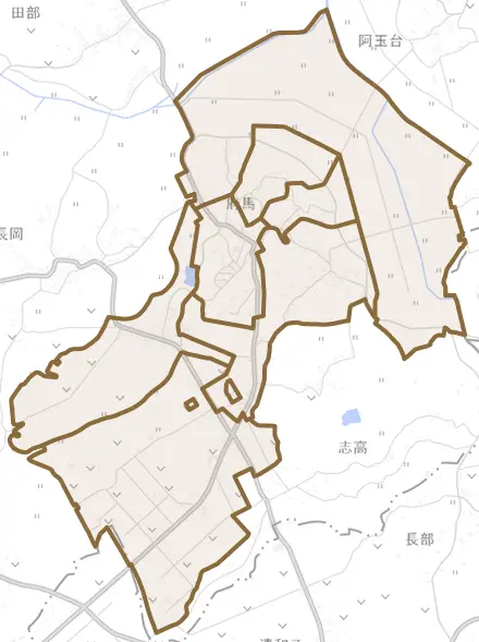 府馬とその周辺の地図。町の範囲を重ねている