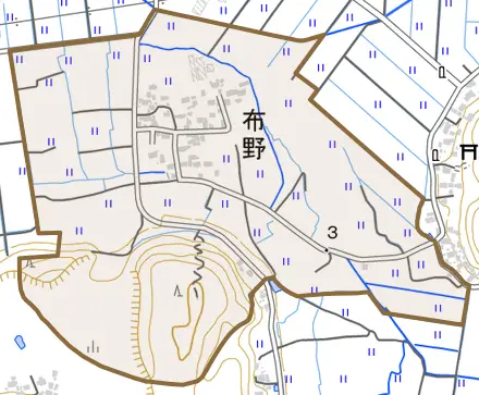 布野とその周辺の地図。町の範囲を重ねている