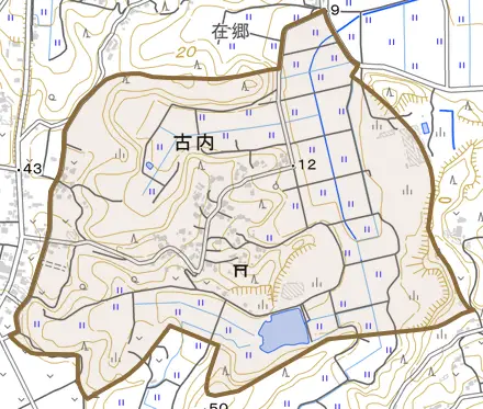 古内とその周辺の地図。町の範囲を重ねている