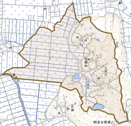 五郷内とその周辺の地図。町の範囲を重ねている