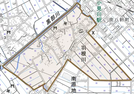 羽根川とその周辺の地図。町の範囲を重ねている