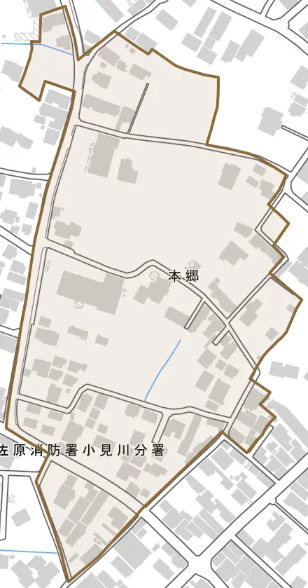 本郷とその周辺の地図。町の範囲を重ねている