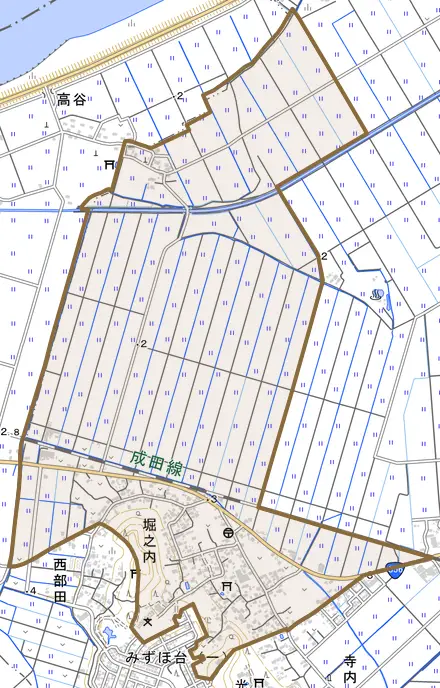 堀之内とその周辺の地図。町の範囲を重ねている