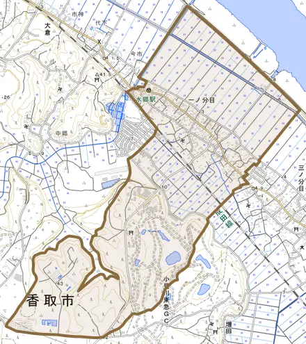 一ノ分目とその周辺の地図。町の範囲を重ねている