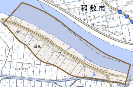 飯島とその周辺の地図。町の範囲を重ねている