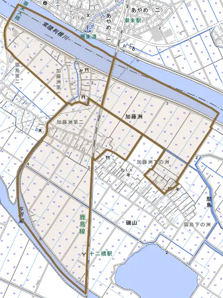 加藤洲とその周辺の地図。町の範囲を重ねている