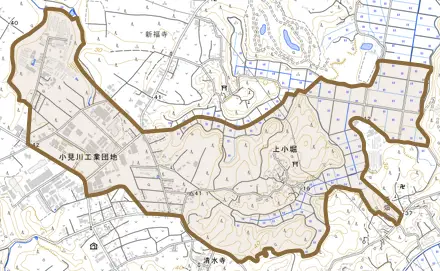 上小堀とその周辺の地図。町の範囲を重ねている