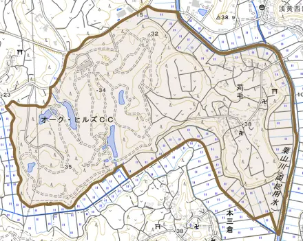 苅毛とその周辺の地図。町の範囲を重ねている