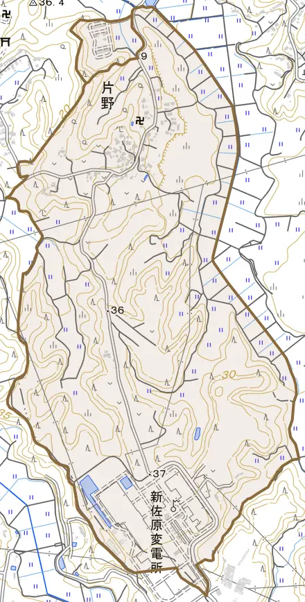 片野とその周辺の地図。町の範囲を重ねている