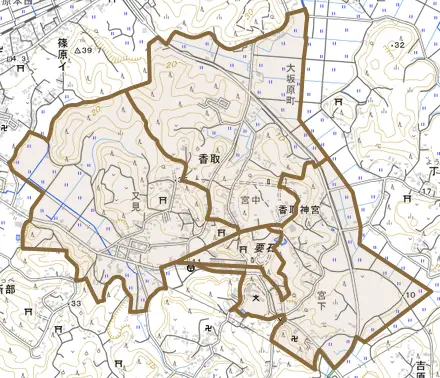 香取とその周辺の地図。町の範囲を重ねている