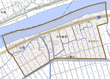 川尻とその周辺の地図。町の範囲を重ねている