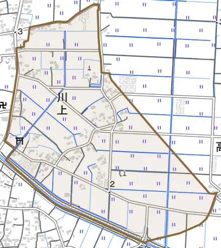 川上とその周辺の地図。町の範囲を重ねている