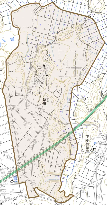 返田とその周辺の地図。町の範囲を重ねている