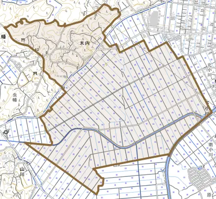 木内とその周辺の地図。町の範囲を重ねている