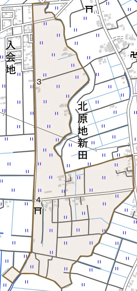 北原地新田とその周辺の地図。町の範囲を重ねている