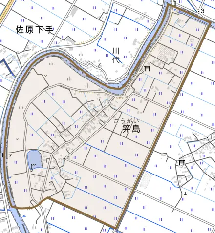 笄島とその周辺の地図。町の範囲を重ねている