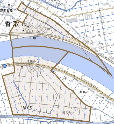 石納とその周辺の地図。町の範囲を重ねている