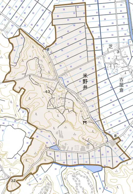 米野井とその周辺の地図。町の範囲を重ねている