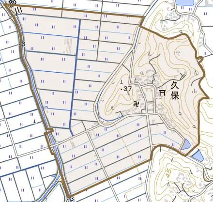 久保とその周辺の地図。町の範囲を重ねている