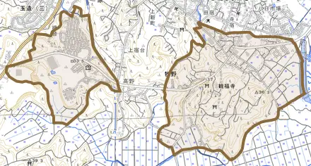 牧野とその周辺の地図。町の範囲を重ねている