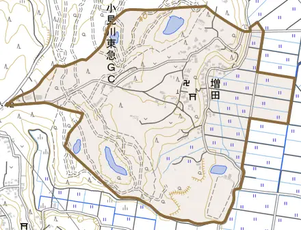 増田とその周辺の地図。町の範囲を重ねている