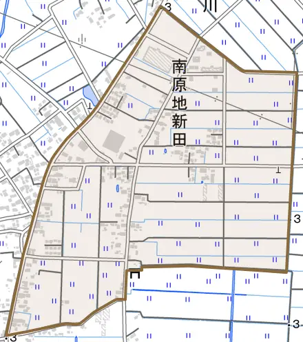 南原地新田とその周辺の地図。町の範囲を重ねている