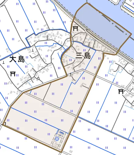三島とその周辺の地図。町の範囲を重ねている