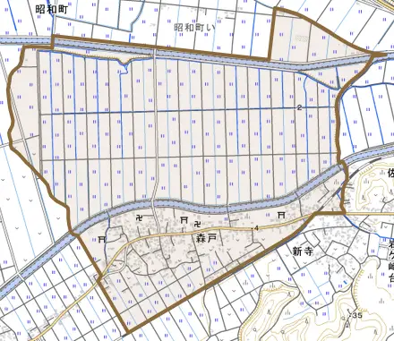 森戸とその周辺の地図。町の範囲を重ねている