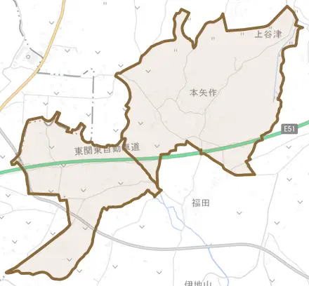 本矢作とその周辺の地図。町の範囲を重ねている