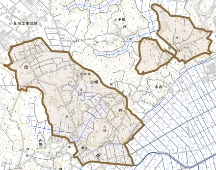 虫幡とその周辺の地図。町の範囲を重ねている