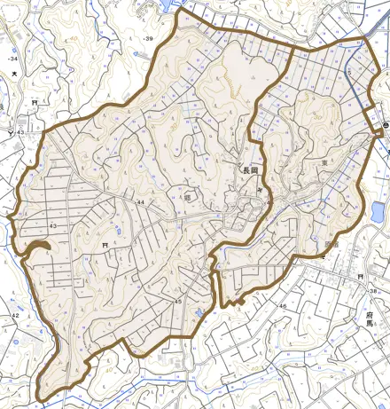 長岡とその周辺の地図。町の範囲を重ねている