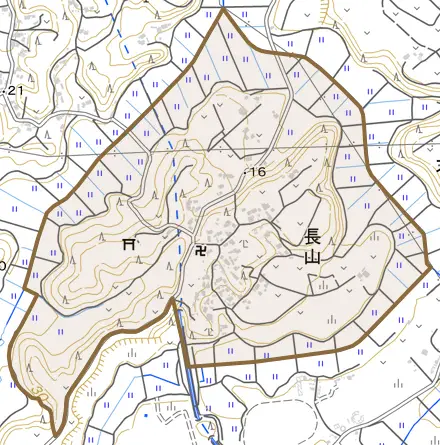 長山とその周辺の地図。町の範囲を重ねている