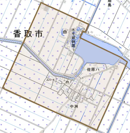 中洲とその周辺の地図。町の範囲を重ねている