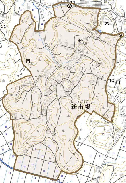新市場とその周辺の地図。町の範囲を重ねている