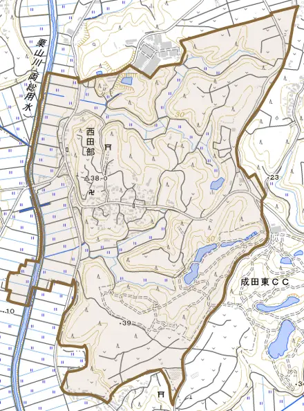 西田部とその周辺の地図。町の範囲を重ねている