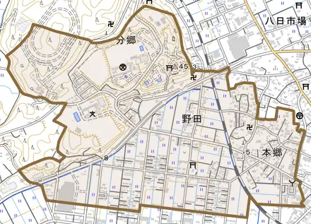 野田とその周辺の地図。町の範囲を重ねている