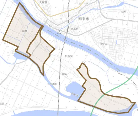 扇島とその周辺の地図。町の範囲を重ねている
