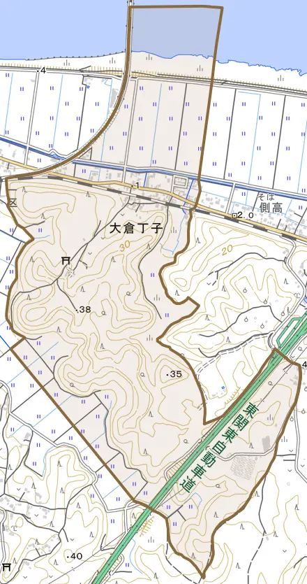 大倉丁子とその周辺の地図。町の範囲を重ねている
