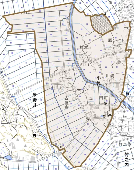 小見とその周辺の地図。町の範囲を重ねている