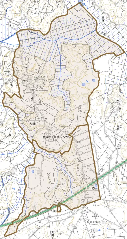 大根とその周辺の地図。町の範囲を重ねている
