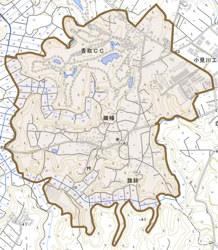 織幡とその周辺の地図。町の範囲を重ねている