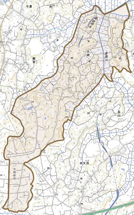 大崎とその周辺の地図。町の範囲を重ねている