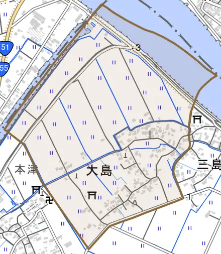 大島とその周辺の地図。町の範囲を重ねている