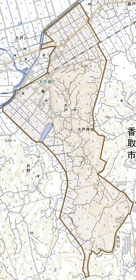 大戸とその周辺の地図。町の範囲を重ねている