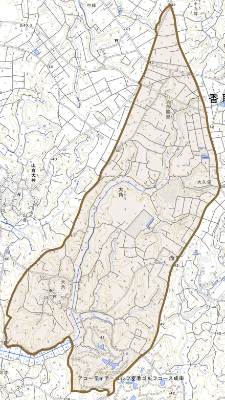 大角とその周辺の地図。町の範囲を重ねている